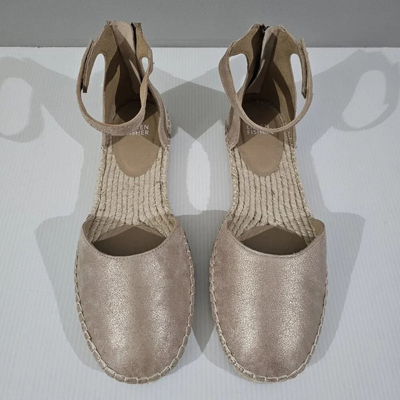 NEW Eileen Fisher Lala Espadrille Flat Metallic Tan Leather Jute Size 10 - Picture 4 of 13